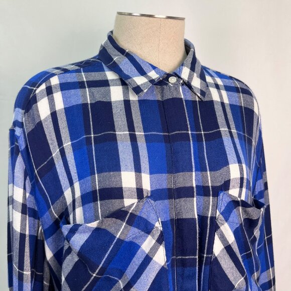 EXPRESS Oversized Blue & White Plaid Button-Up Shirt with Tab Sleeves Size Large - Picture 6 of 8